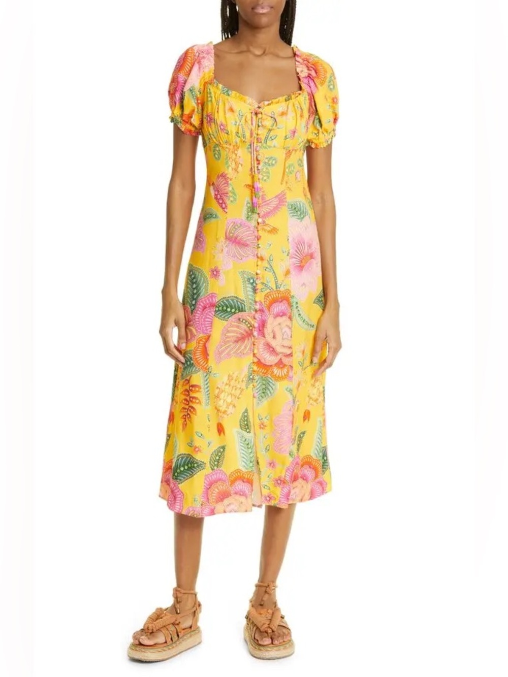 NWT Farm Rip Yellow Macaw Bloom Midi Dress